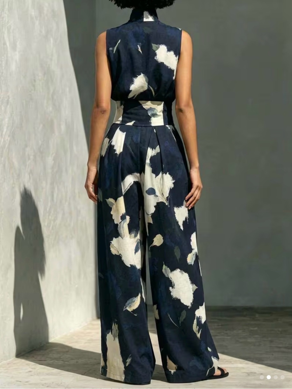 Floral Wide-Leg Jumpsuit in Navy and Cream - Picture 5 of 5